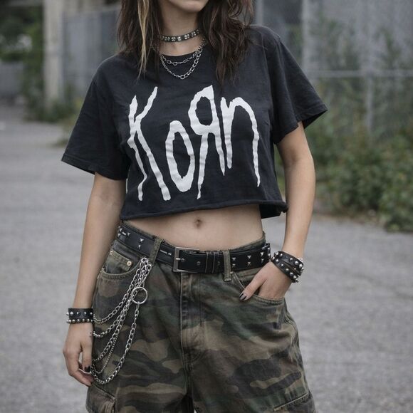 Gildan Tops - Korn Black Cropped Graphic T-Shirt L Nu Metal Grunge Indie Sleaze Festival Band